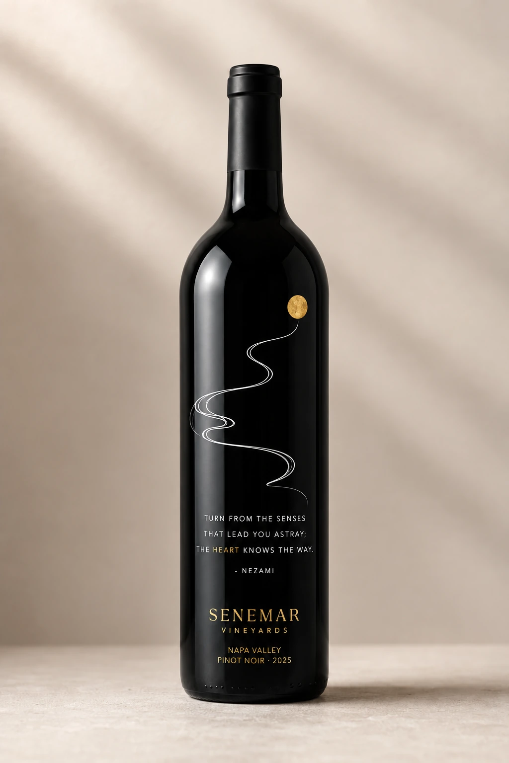 Senemar Nezami Pinot Noir bottle visualization, The Heart’s Way artwork
