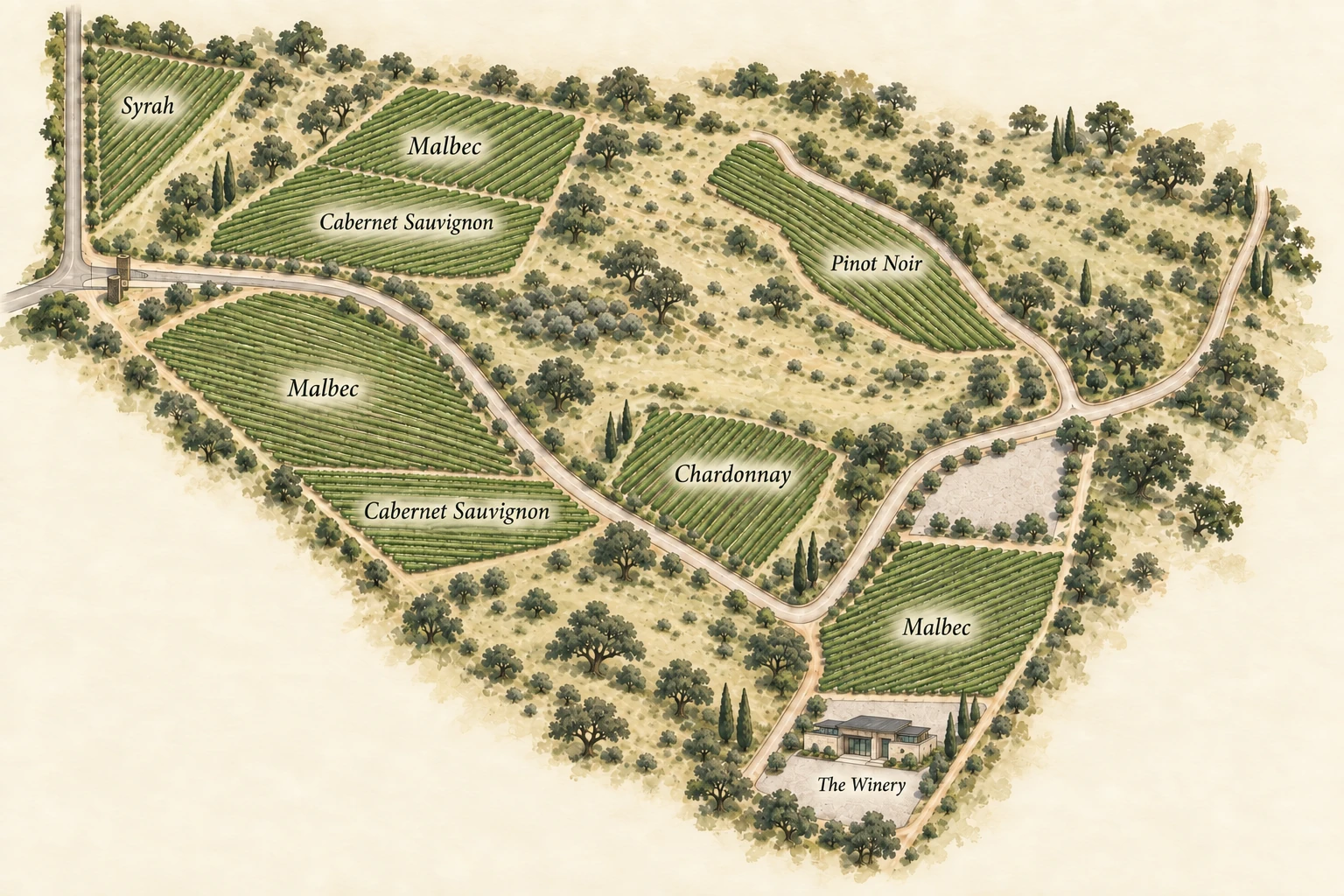 Illustrated vineyard map with Syrah at the upper left, Malbec and Cabernet Sauvignon to the left, Pinot Noir at the upper right, Chardonnay near the lower center, and the winery at the lower building site below the right-hand Malbec vineyard.